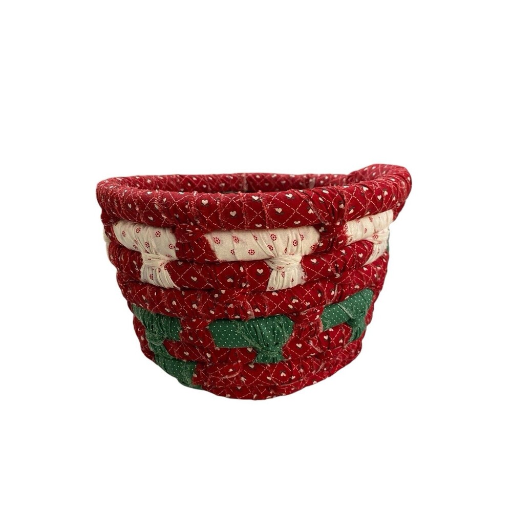 Jelly Roll Basket Handmade Red White Green Hearts Vintage